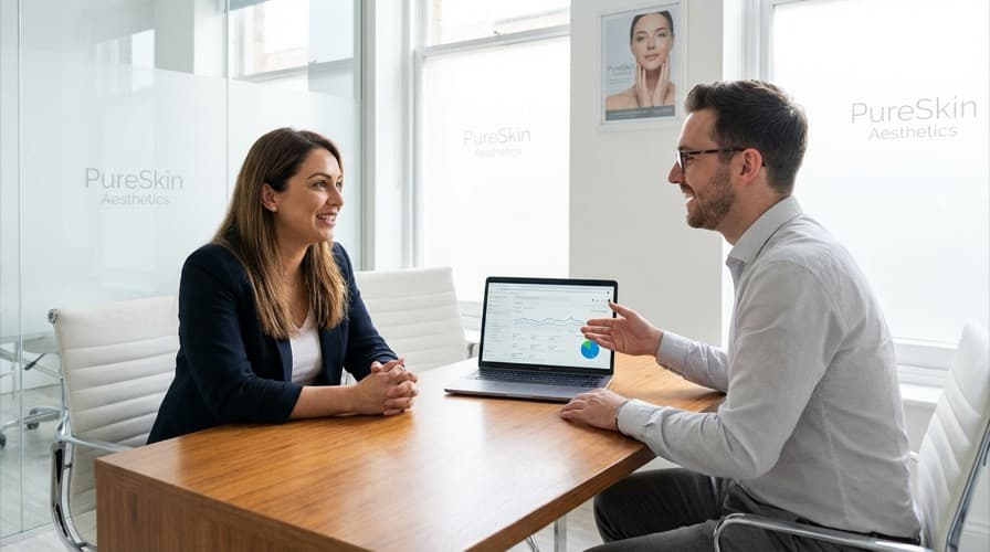 Aesthetics clinic owner in a meeting with a marketing consultant, reviewing analytics on a laptop