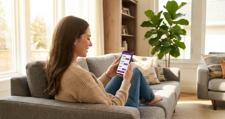 A woman relaxing on a sofa booking a beauty treatment on her phone with app showing treatment categories