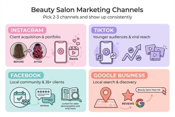 Comparison of social media marketing channels for beauty salons showing Instagram, TikTok, Facebook, and Google Business Profile