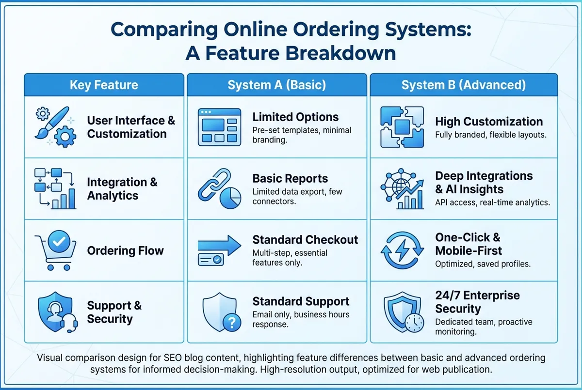 Diagram comparing best online ordering system for restaurant features and pricing