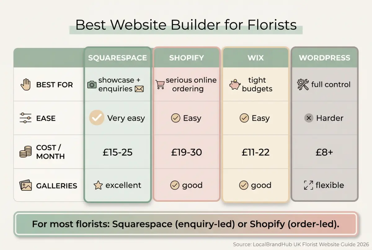Best website builder for florists diagram — a comparison of Squarespace, Shopify, Wix and WordPress on galleries, ordering, ease and cost