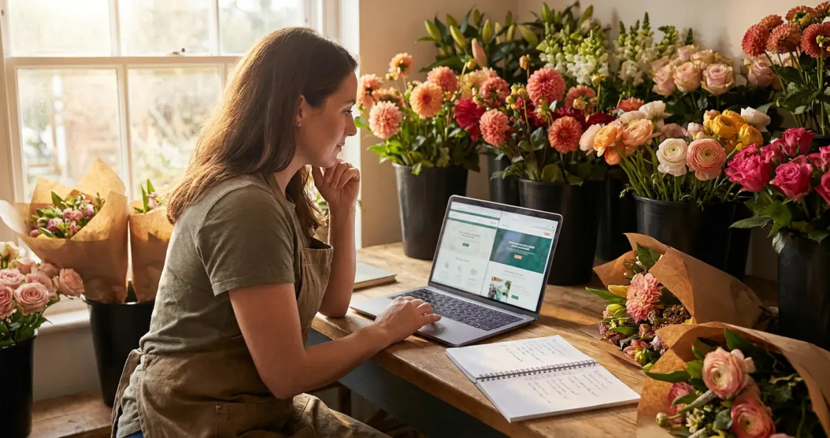 Best website builder for florists — a florist comparing website platforms on a laptop at the shop counter beside fresh bouquets