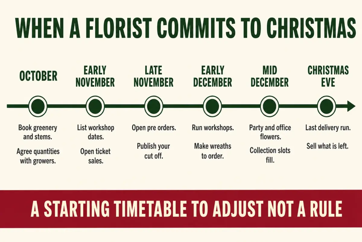 Diagram timeline of six commitment points from October through Christmas Eve for a florist planning Christmas flower sales