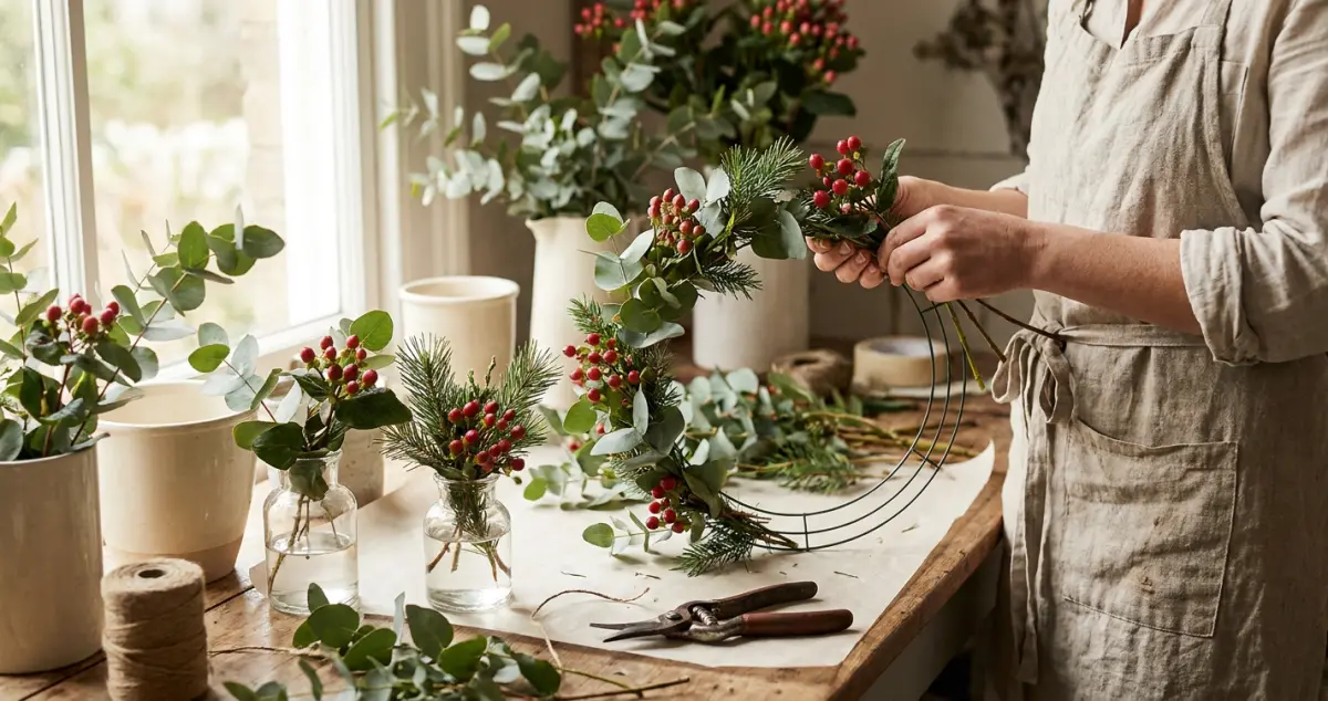 Christmas flower sales: a florist making festive wreaths and table arrangements with eucalyptus, pine and red berries at a workbench
