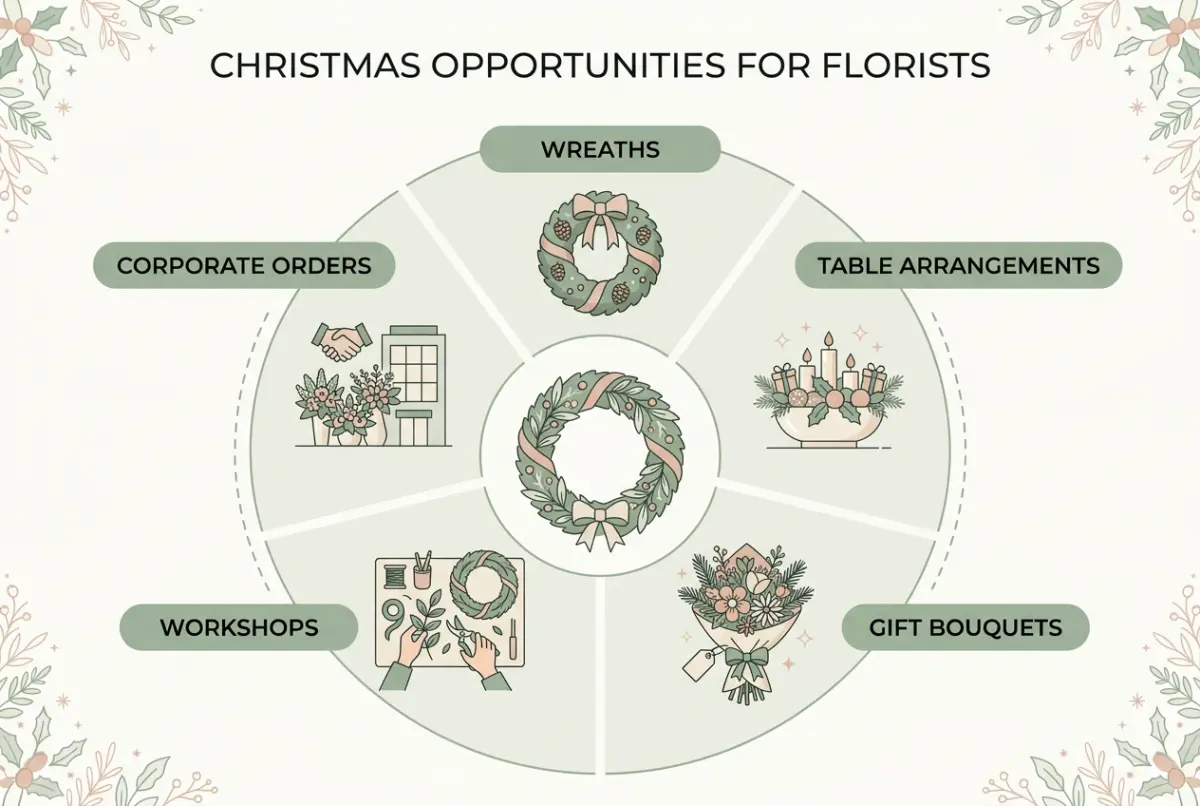 Christmas flower sales diagram, the festive opportunities across December: wreaths, table arrangements, gift bouquets, workshops and corporate orders