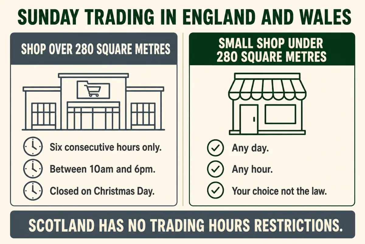 Diagram comparing Sunday trading rules in England and Wales for shops over and under 280 square metres