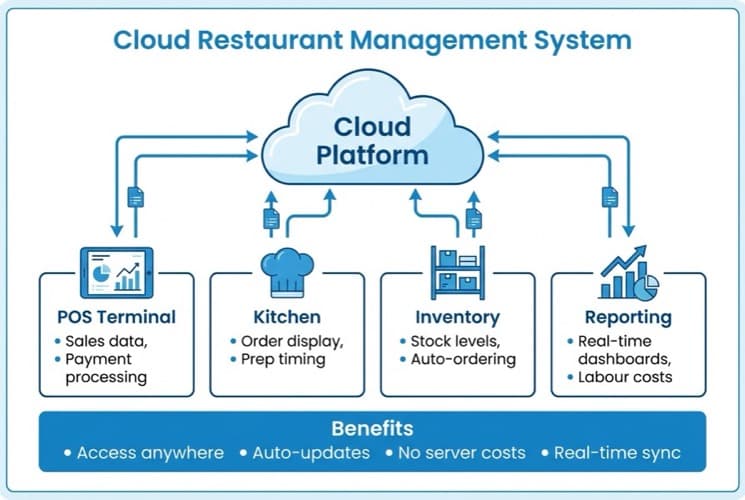 Diagram showing how cloud restaurant management connects POS, kitchen, inventory, and reporting