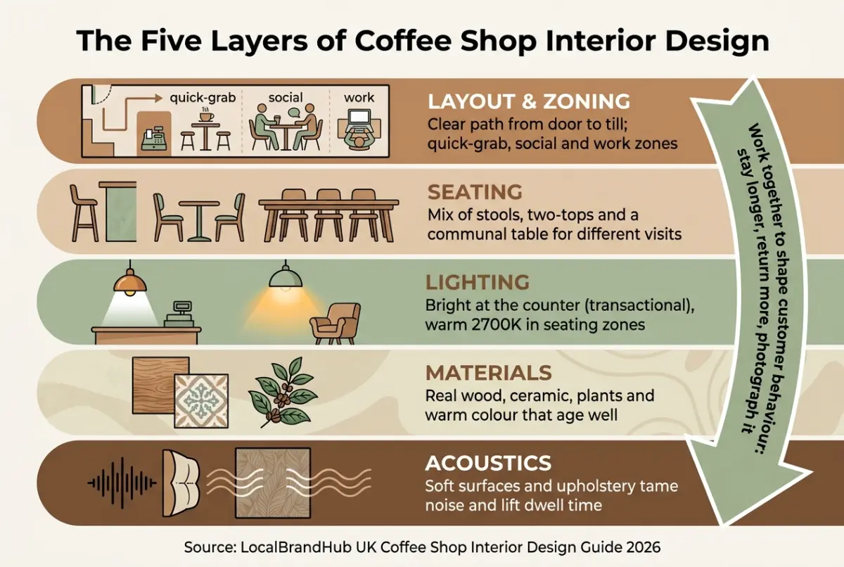 Coffee shop interior design diagram — the five layers of cafe design from layout and zoning through seating, lighting, materials and acoustics