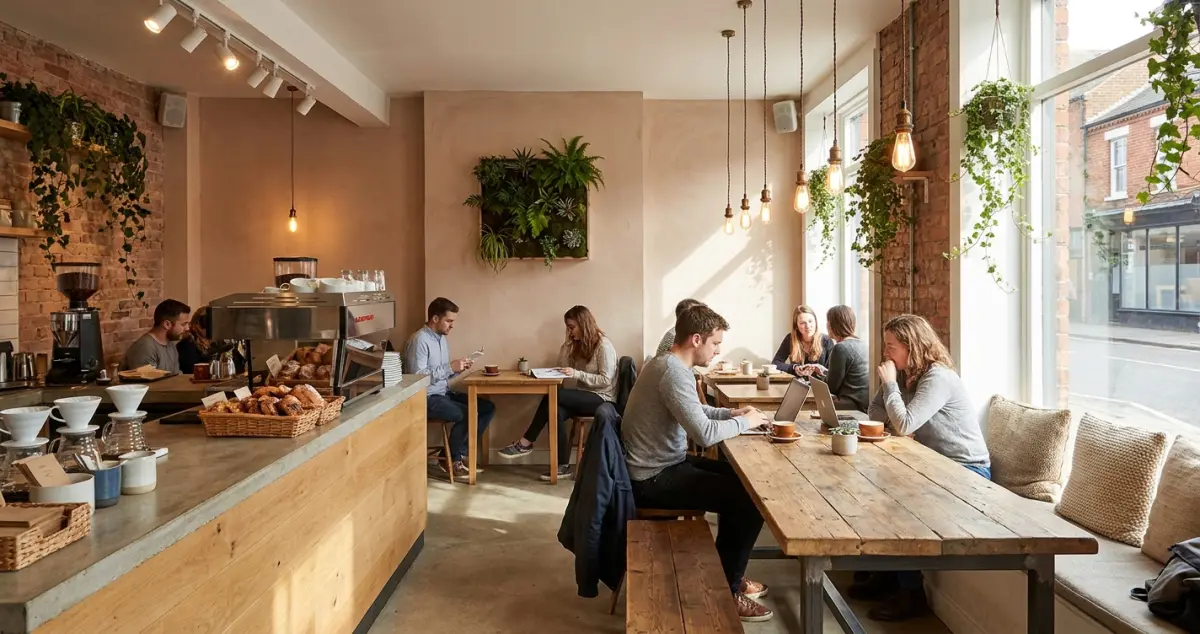 Coffee shop interior design — a warm, light-filled UK cafe with mixed seating, plants and a clean service counter