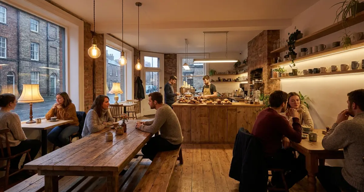 Coffee shop lighting ideas — a UK cafe lit in layers, with bright counter lighting and warm pendants over cosy seating