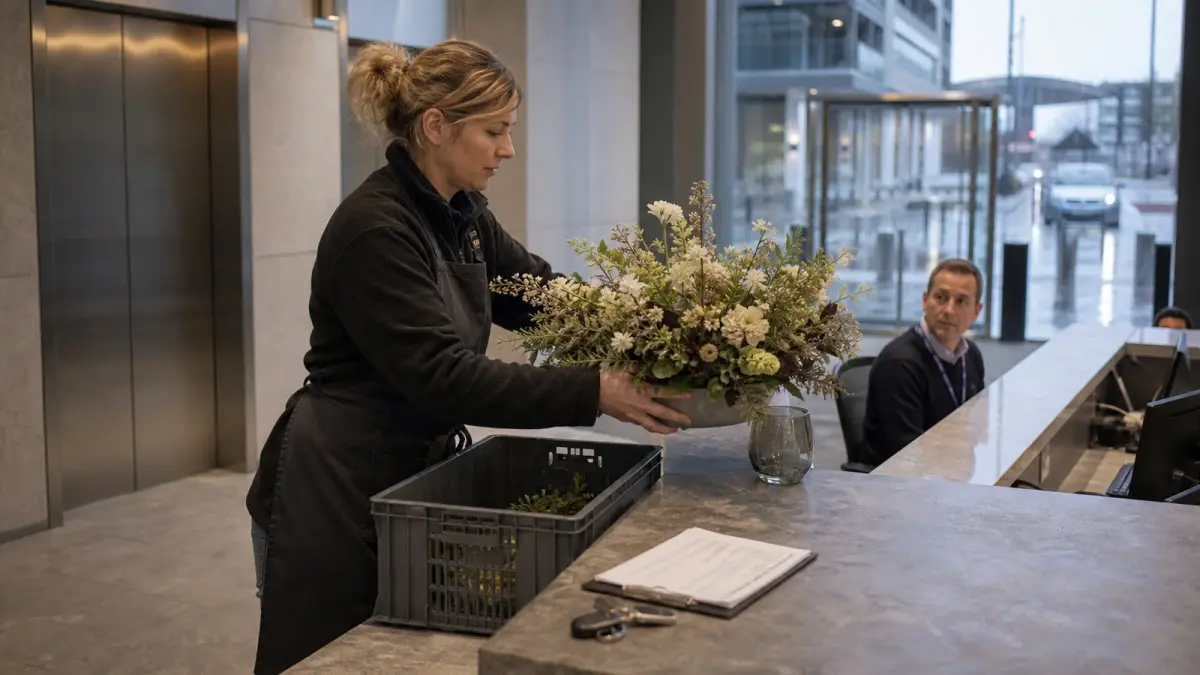 A florist delivering under corporate flower contracts lifts the weekly arrangement onto a UK office reception counter