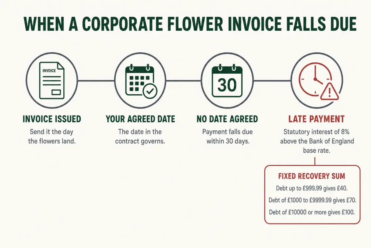 Timeline diagram of an invoice issued, the agreed payment date, the thirty day default, and the late payment interest and fixed recovery sums