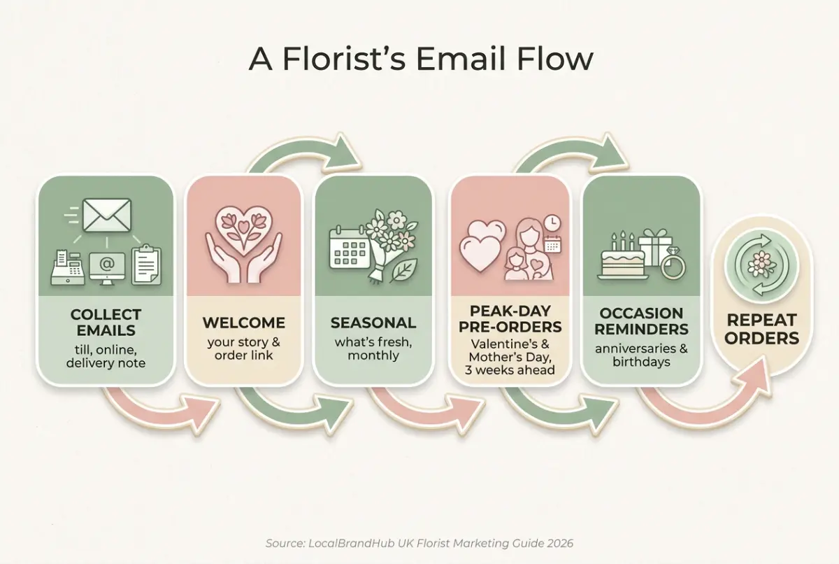 Email marketing for florists diagram — a simple flow from collecting emails through welcome, seasonal and occasion-reminder emails to repeat orders