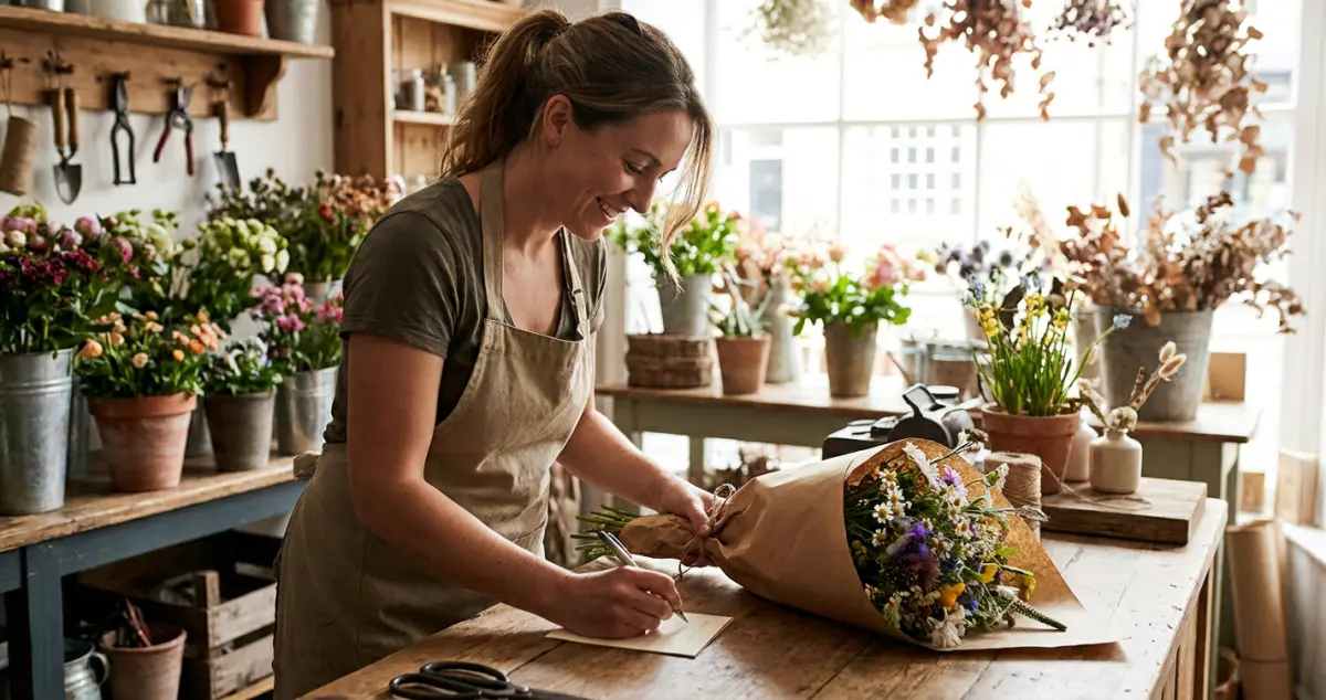Email marketing for florists — a florist collecting a customer's email at the counter while wrapping a bouquet