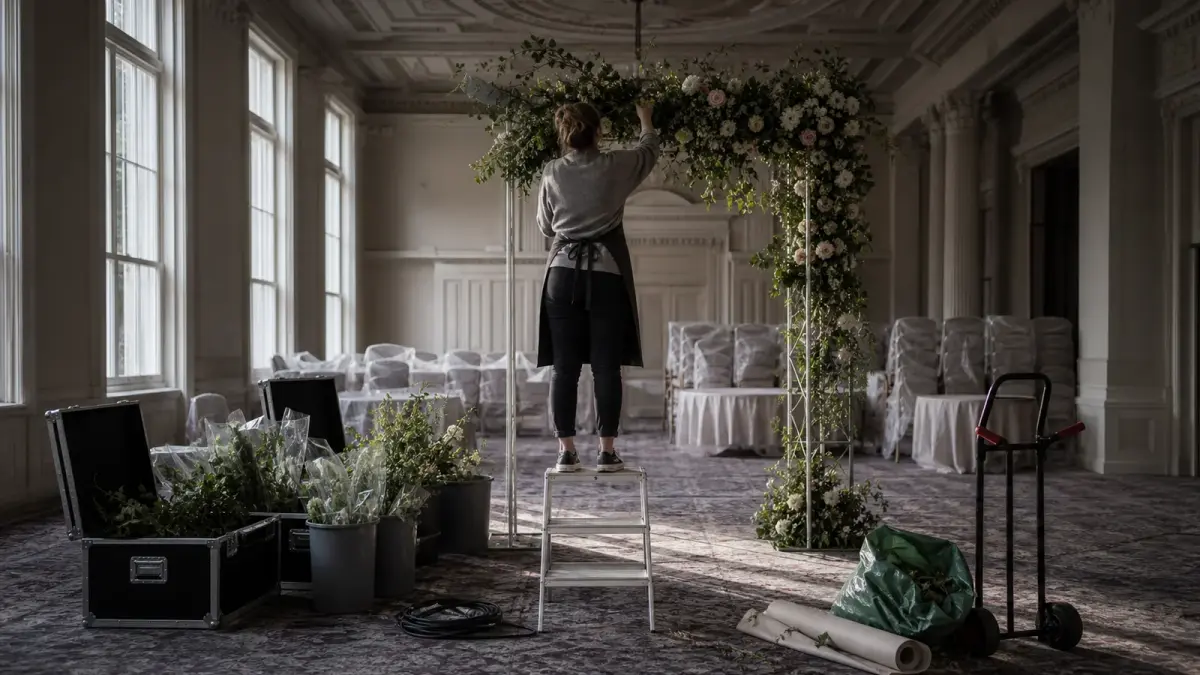 Event floristry business install in progress: a florist on a step ladder wiring greenery onto a tall metal frame in an empty hotel ballroom at dawn, flight cases and flower buckets open around her