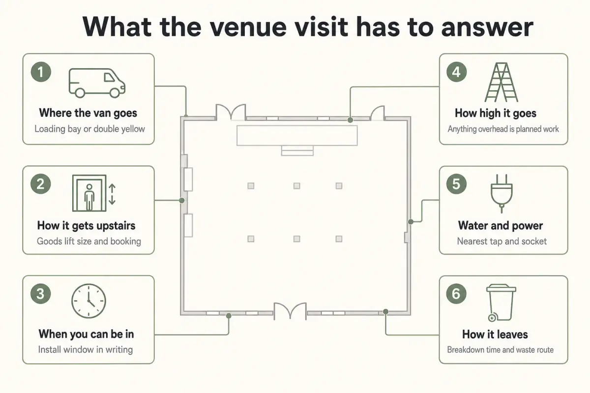 Diagram of an event room floor plan with six labelled callouts covering van access, goods lift, install window, work at height, water and power, and the breakdown and waste route
