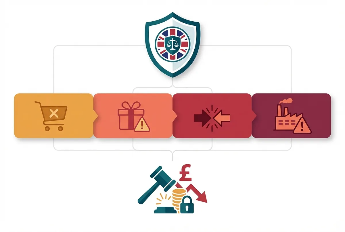 Infographic showing UK fake reviews law penalties and prohibited practices