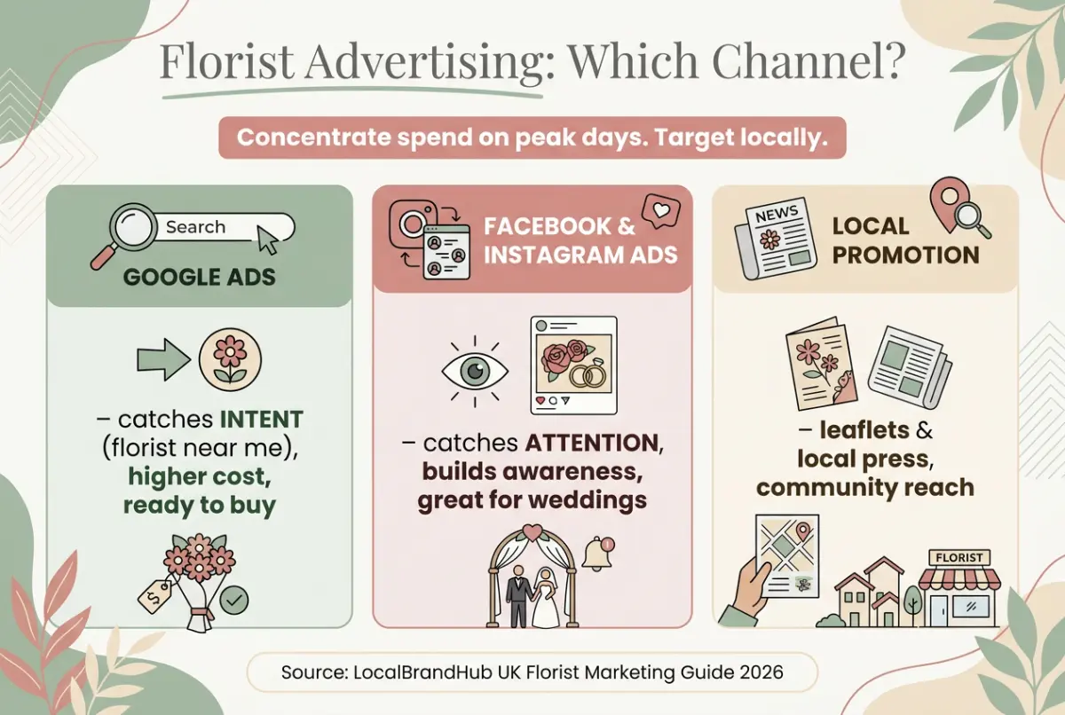 Florist advertising diagram — comparing Google Ads, Facebook and Instagram ads and local promotion on intent, cost and best use for florists