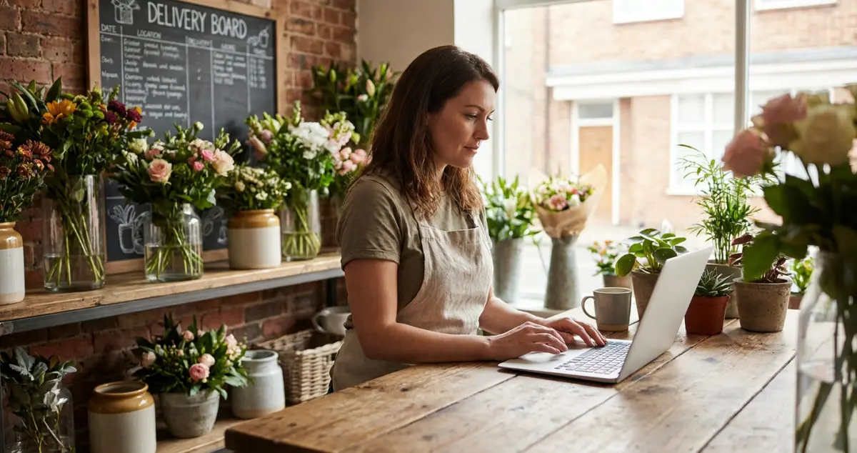 Florist advertising — a florist setting up a local ad on a laptop, fresh bouquets and a delivery board behind them
