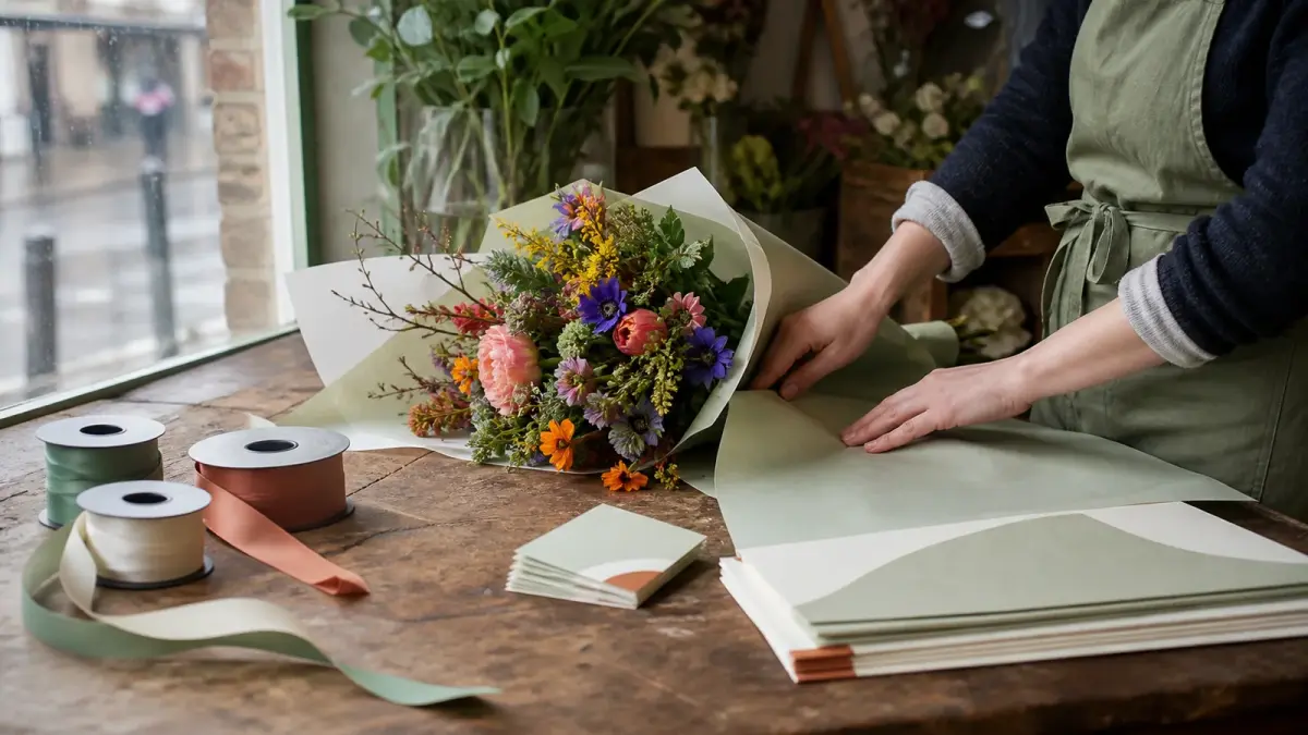 Florist brand colours in use: a wrapping bench where the ribbon, paper and care cards all share one sage and chalk palette while the flowers in the bouquet are a different range of colours entirely