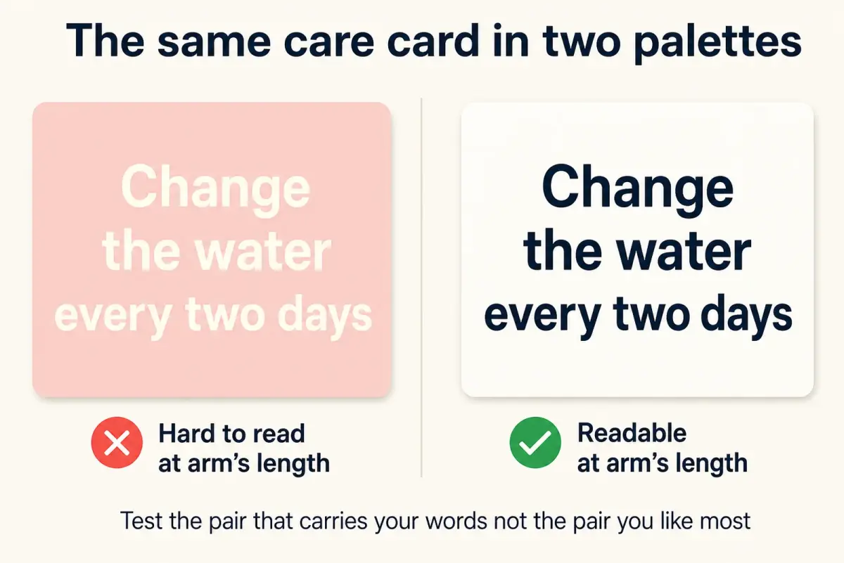 Comparison graphic showing the same florist care card in two palettes, pale blush with cream text marked hard to read at arm's length, and chalk with ink navy text marked readable at arm's length