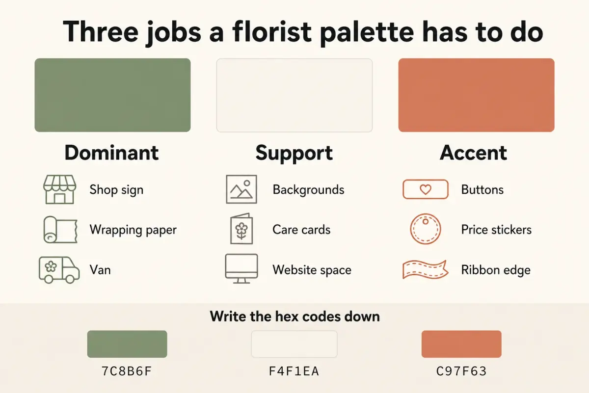 Diagram showing the three roles in a florist brand palette, a dominant sage green for signage wrapping and the van, a chalk support for backgrounds and care cards, and a clay accent for buttons and price stickers, with the hex codes written underneath