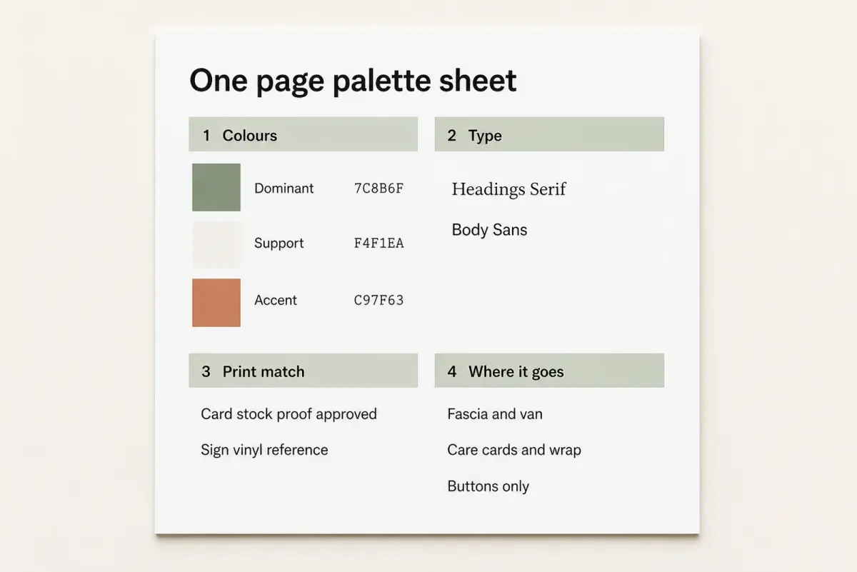A single-page florist brand colours sheet listing the dominant sage, support chalk and accent clay swatches with their hex codes, the two typefaces, the print and vinyl matches and where each colour is used