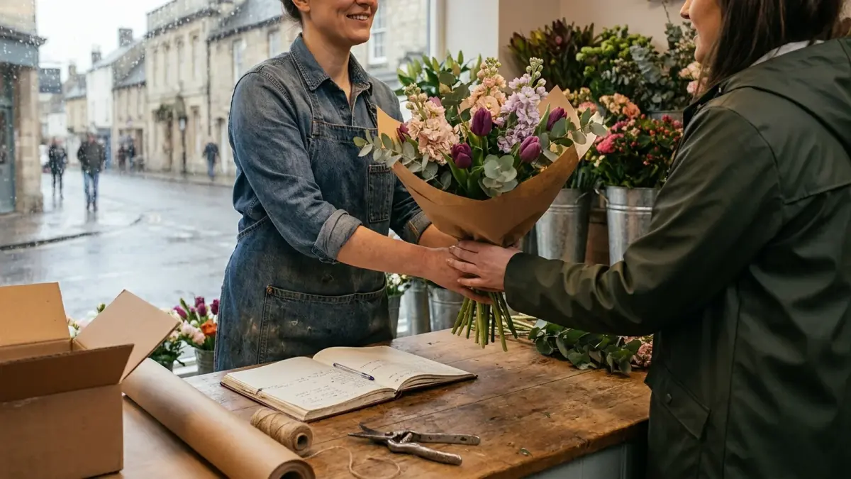 Florist customer retention in practice: a florist hands a wrapped bouquet to a returning customer beside an open desk diary