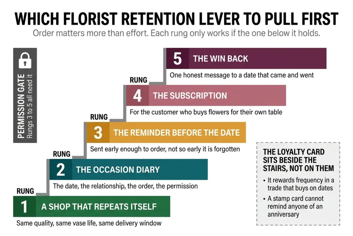 Florist customer retention levers ranked as a staircase: a repeatable shop, the occasion diary, the reminder before the date, the subscription and the win back, with the loyalty card beside the stairs
