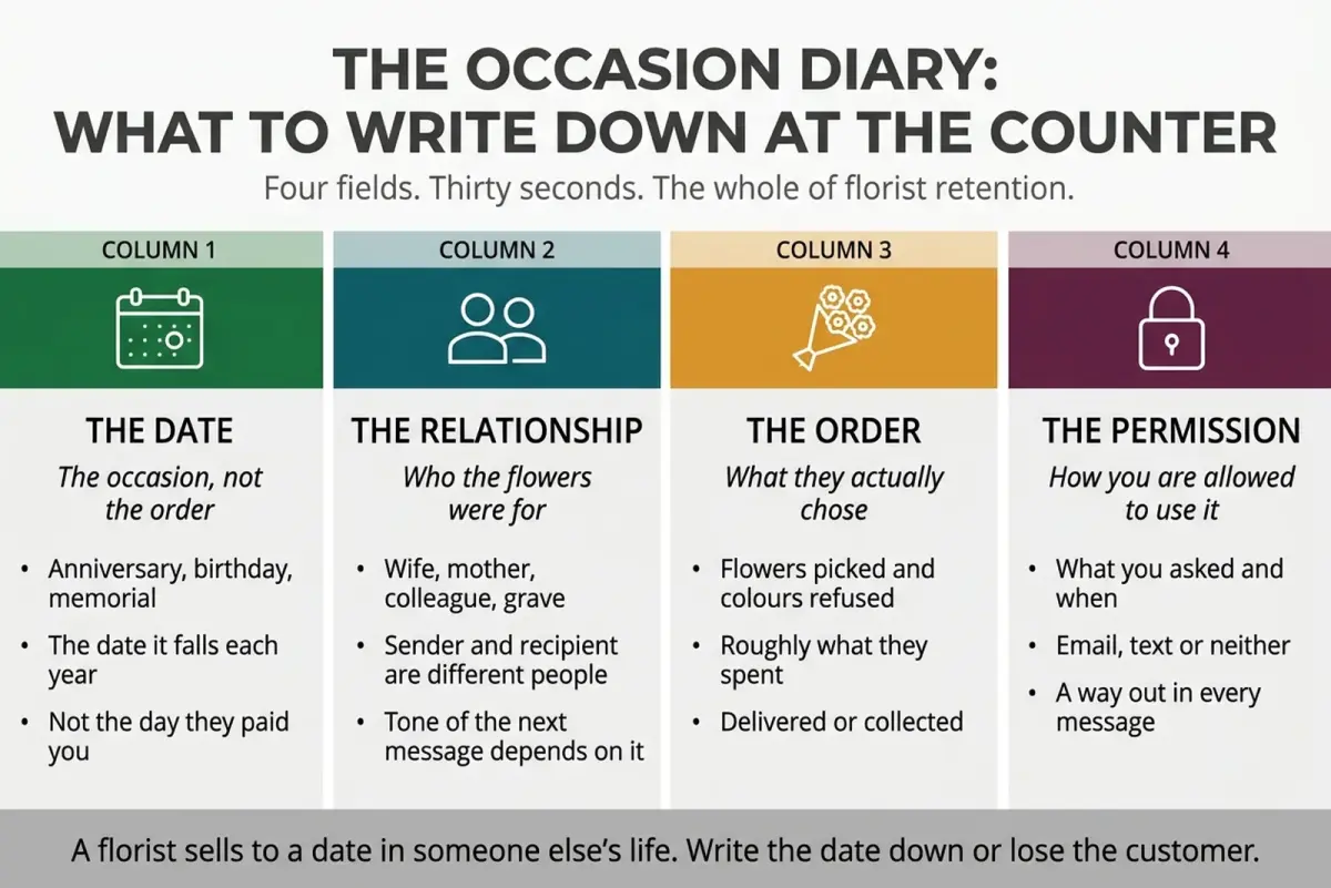 Florist customer retention diagram: the four occasion diary fields, the date, the relationship, the order and the permission