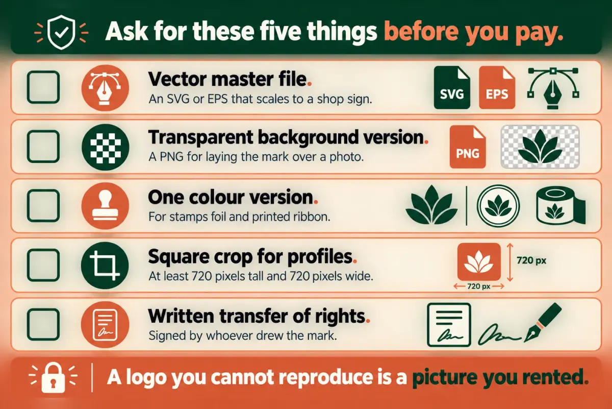 Checklist diagram of the five files to ask a designer for: vector master file, transparent PNG, one colour version, square crop and written transfer of rights