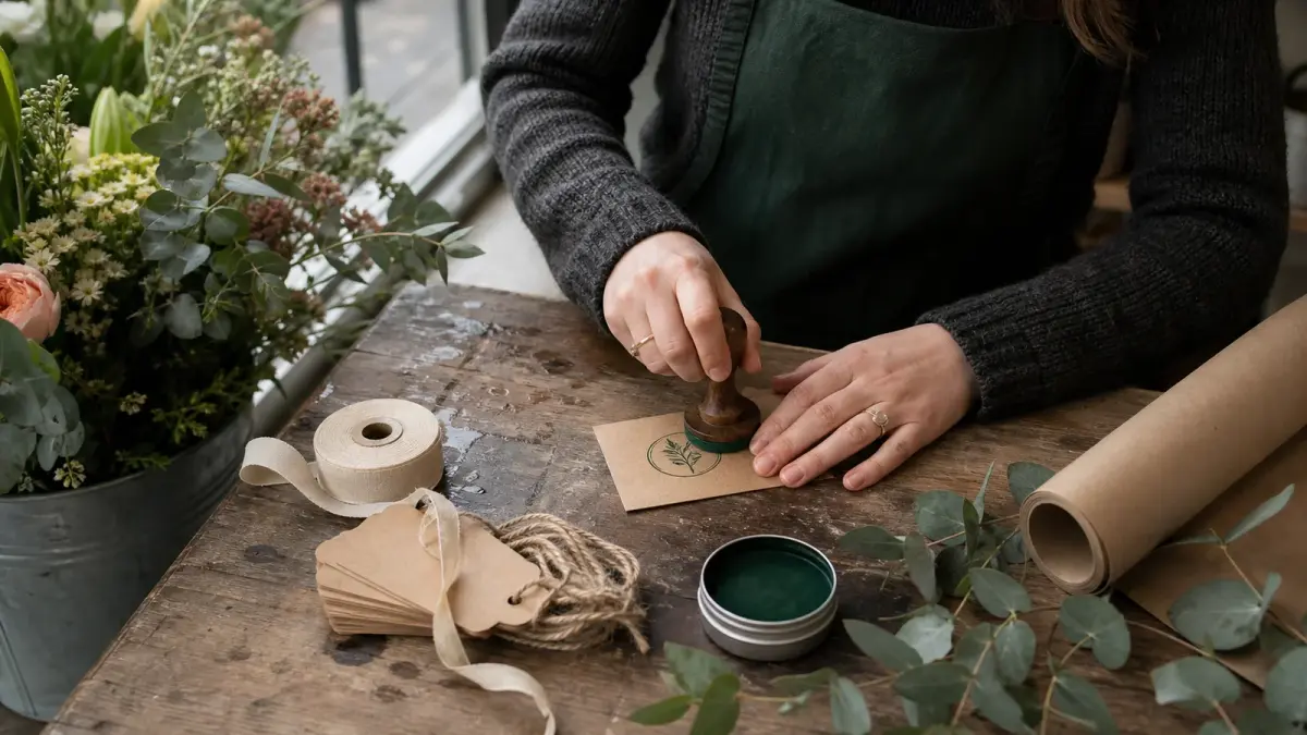Florist logo at working size: a florist pressing a rubber stamp onto a brown kraft gift tag beside ribbon, wrapping paper and a bucket of seasonal stems