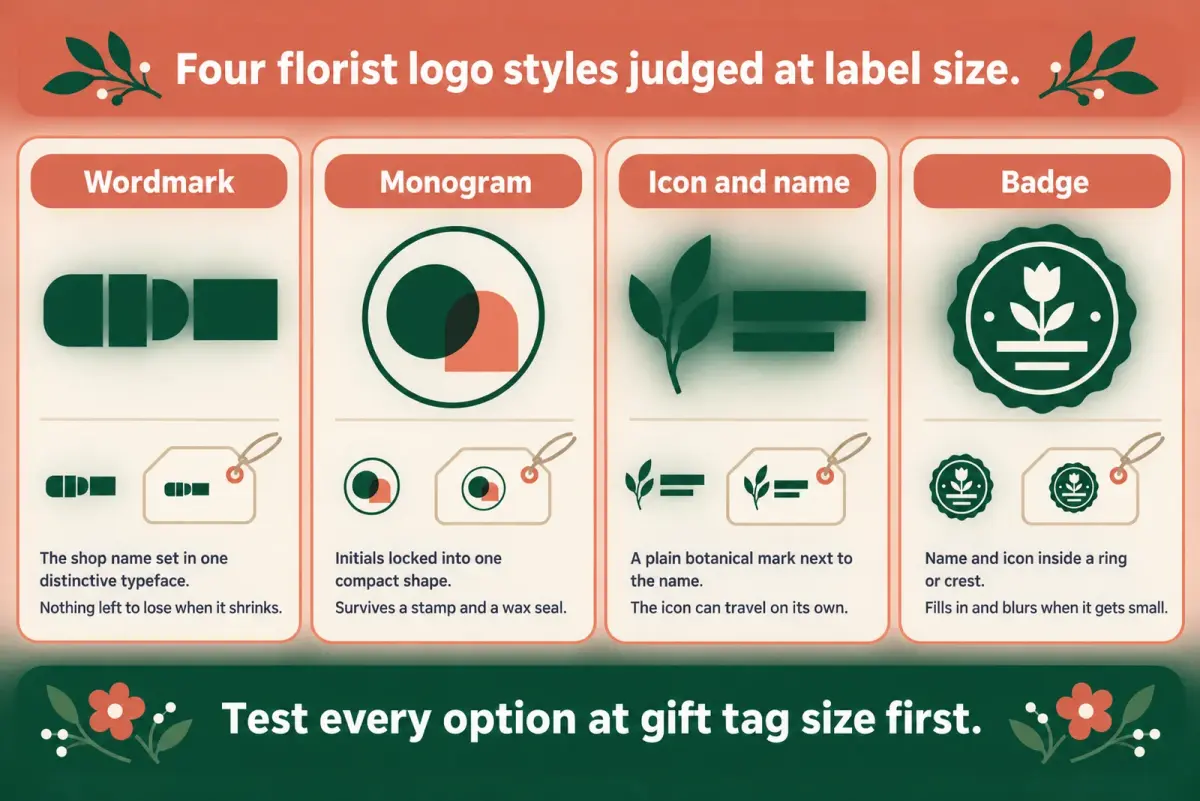 Comparison diagram of four flower shop logo styles, wordmark, monogram, icon and name, and badge, each shown large and at gift tag size