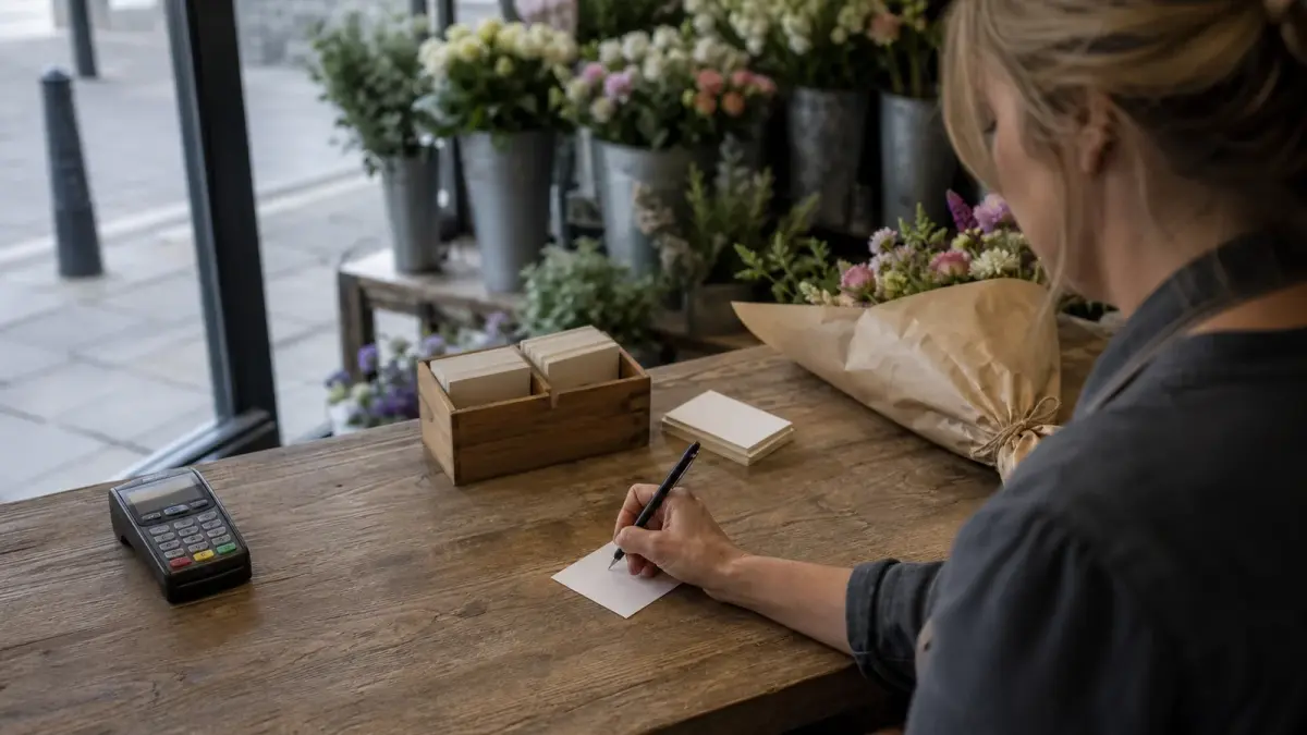 Florist loyalty programme in practice: a florist at the shop counter writing on a plain card beside a wooden card index box, a wrapped bouquet waiting and buckets of seasonal stems behind