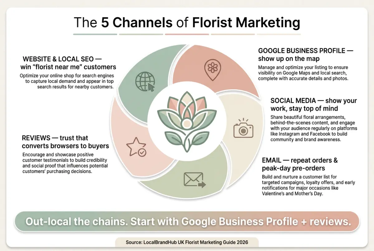 Florist marketing diagram — the five channels of florist marketing from website and local SEO through social media, email and reviews