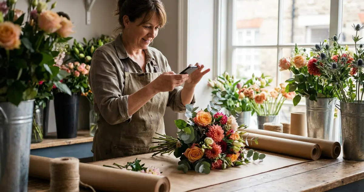Florist marketing — a UK florist photographing a fresh bouquet on their phone for social media at the shop bench
