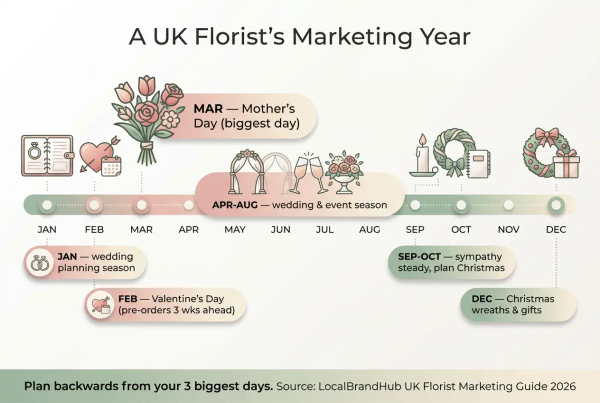 Florist marketing plan diagram — a year-round seasonal calendar marking Valentine's, Mother's Day, wedding season, Christmas and quiet periods
