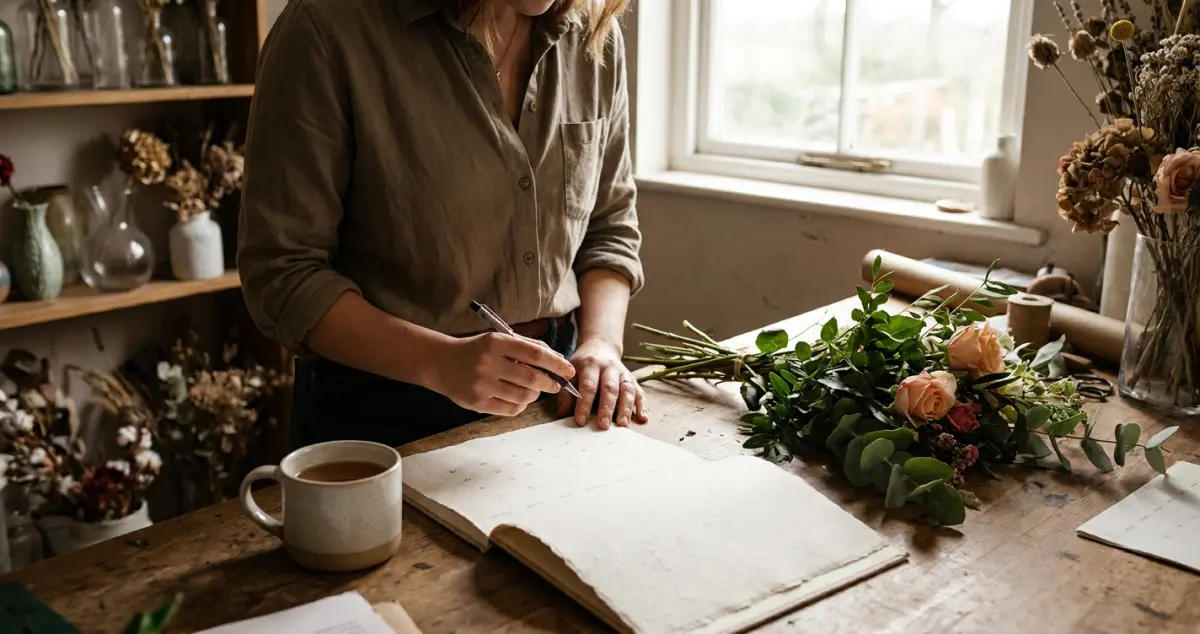 Florist marketing plan — a florist filling in a simple one-page marketing calendar at the shop bench beside a cup of tea and fresh stems
