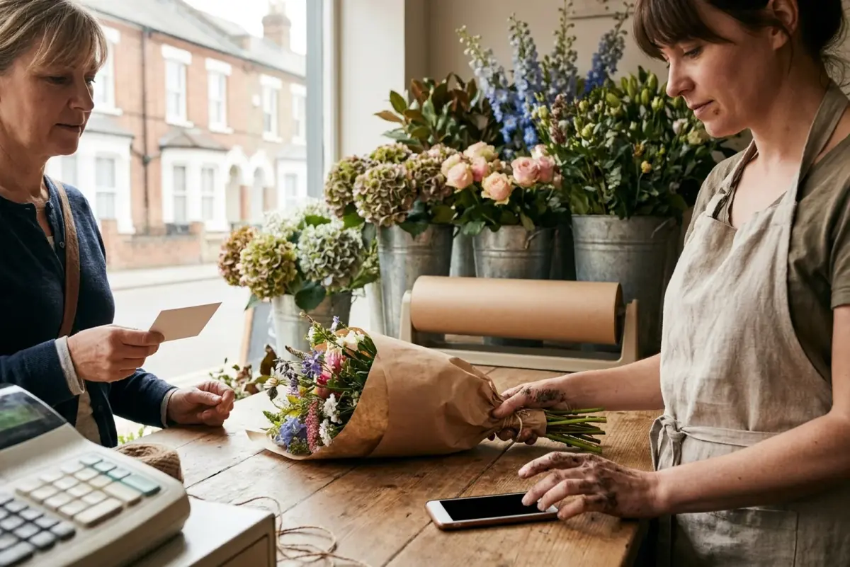 A UK flower shop owner handing over a wrapped bouquet at the counter and reaching for the phone