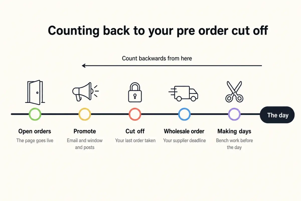 Florist pre orders timeline diagram counting backwards from the peak day through making days and the wholesale order deadline to the closing date