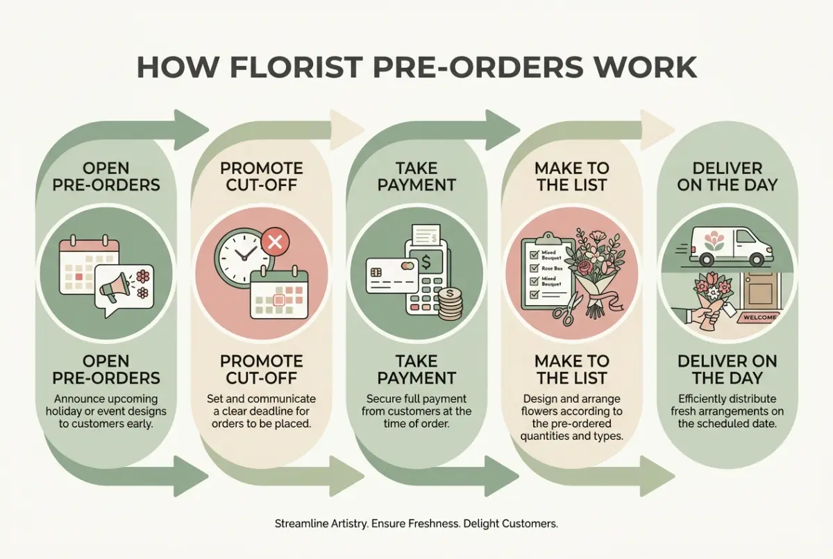 Florist pre-orders diagram: the flow from opening pre-orders and promoting a cut-off to taking payment, making to the list and delivering on the day