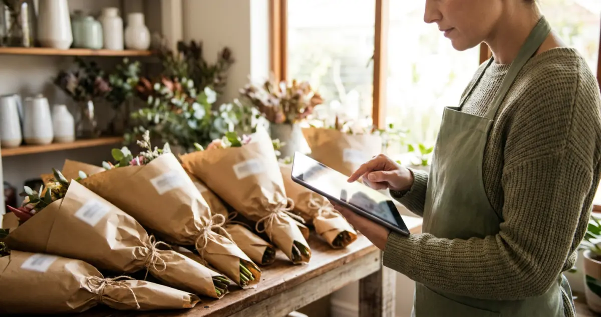 Florist pre orders: a florist checking a list of pre-ordered bouquets on a tablet beside wrapped, labelled orders ready for a peak day