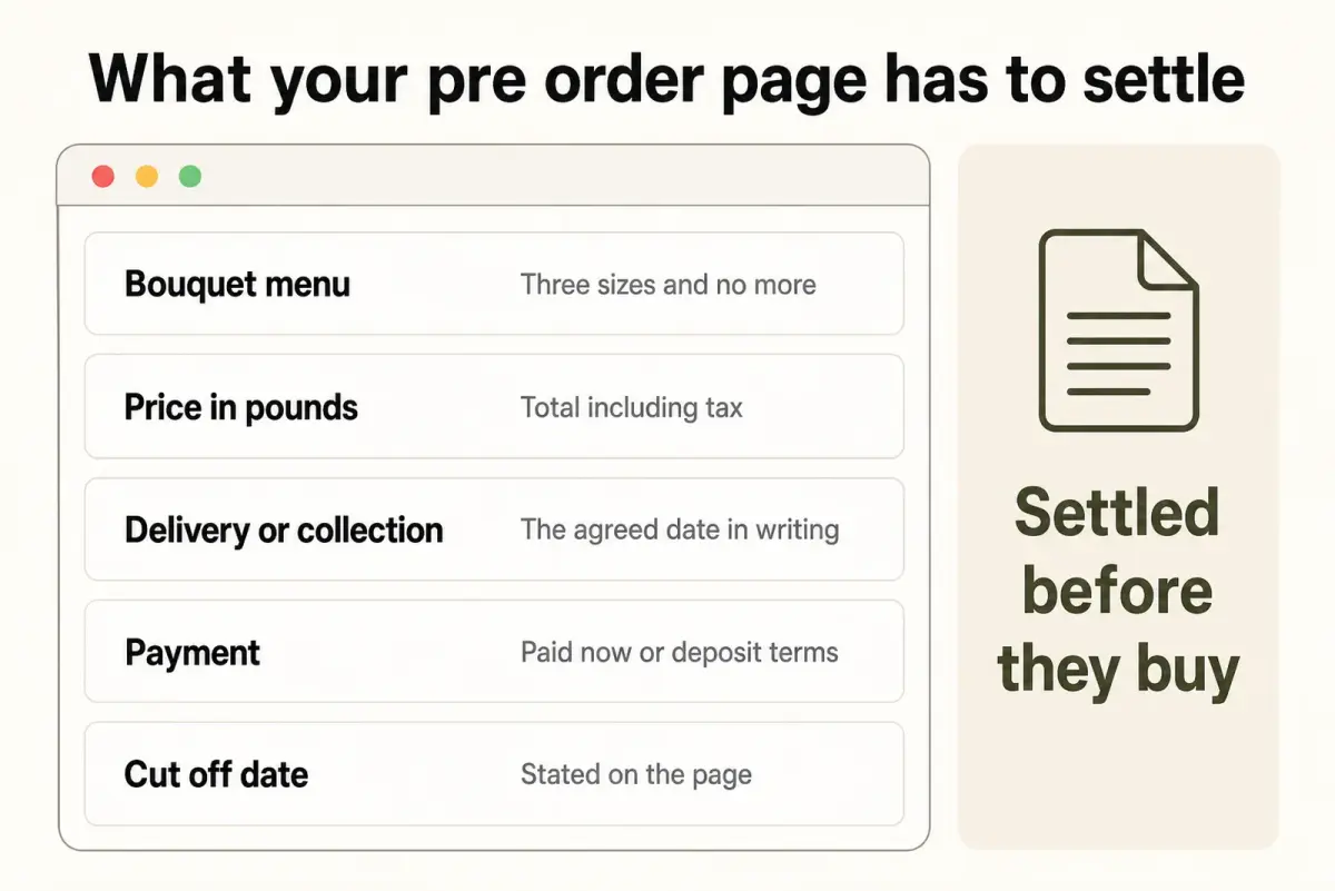 Florist pre orders diagram of an order page listing the bouquet menu, the price including tax, the agreed date, the payment terms and the closing date