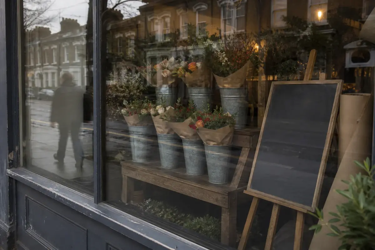 Florist pre orders promoted from the shop window of a British independent florist, buckets of wrapped bunches behind the glass with a blank slate board beside them