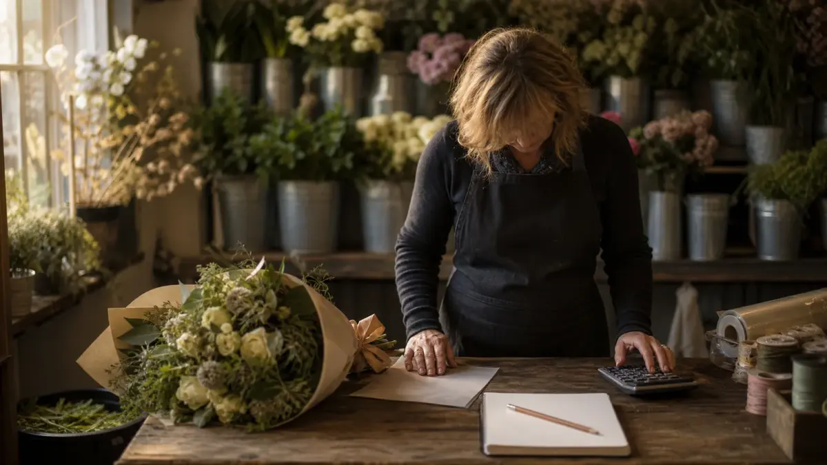 Florist pricing a finished hand tied bouquet at her bench beside a delivery note and calculator