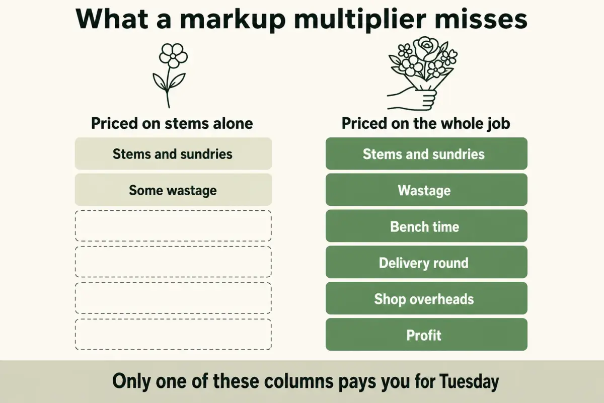 Comparison diagram: pricing on stems alone covers flowers and some wastage, while pricing the whole job adds bench time, delivery, overheads and profit