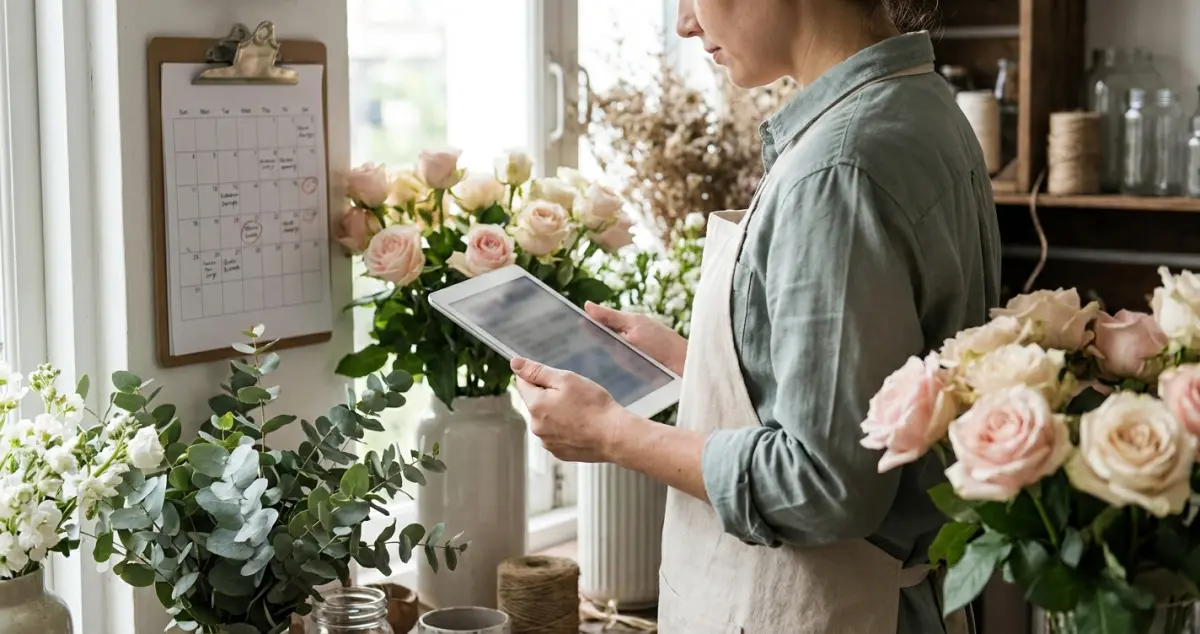 Florist reminder marketing: a florist checking a customer reminders list on a tablet, a calendar of anniversaries and birthdays beside fresh bouquets