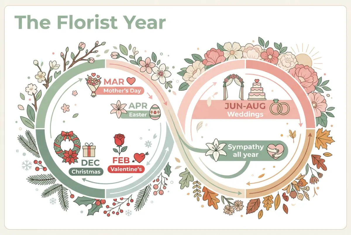Florist seasonal marketing diagram: the florist year showing the peak days (Valentine's, Mother's Day, Christmas) and seasonal occasions month by month