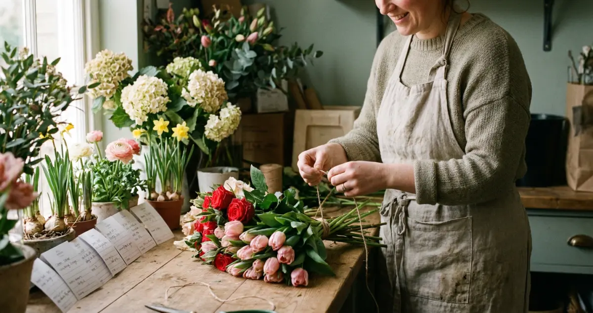 Florist seasonal marketing: a florist preparing Valentine's and Mother's Day bouquets at a busy bench surrounded by red roses and spring blooms