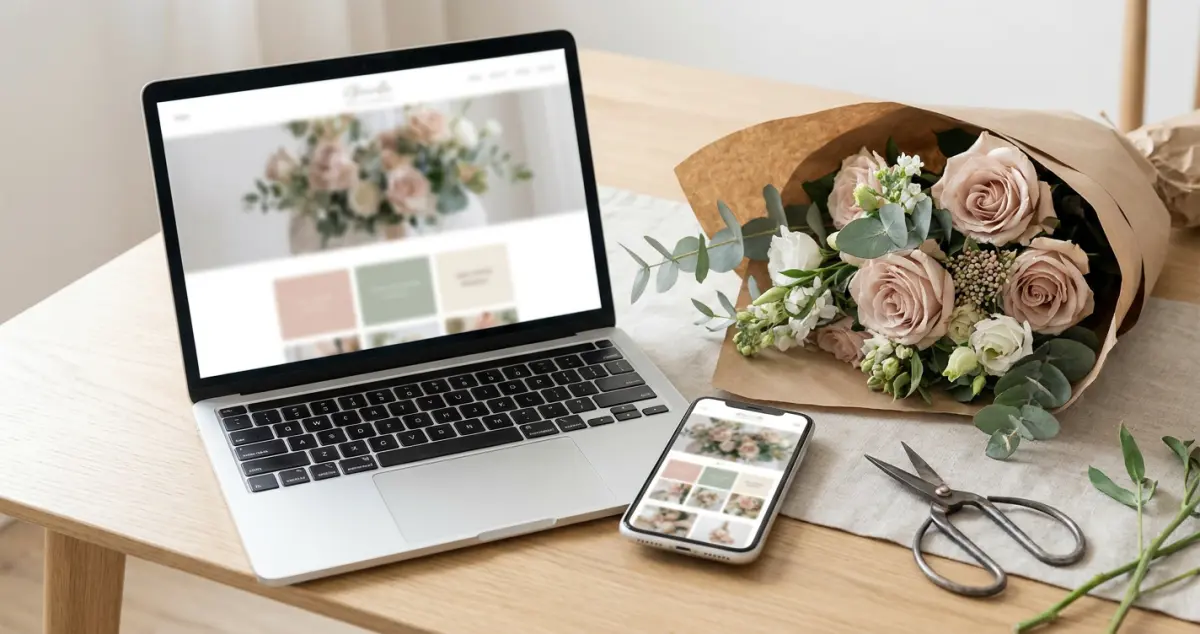 Florist website design — a clean, beautifully photographed florist website shown on a laptop and phone beside a fresh bouquet